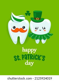 Happy saint Patrick’s Day - Tooth couple character design in kawaii style. Hand drawn Toothfairy with funny quote. Good for school prevention posters, greeting cards, banners, textiles.