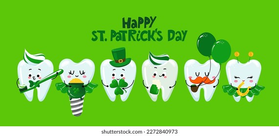 Happy saint Patrick’s Day - Tooth couple character design in kawaii style. Hand drawn Toothfairy with funny quote. Good for school prevention posters, greeting cards, banners, textiles.