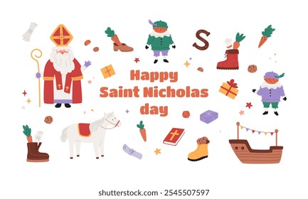 Happy Saint Nicholas banner with man, cute horse, children and celebrate elements. Sinterklaas background. Vector illustration. Holiday greeting, Christmas card.