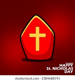 Happy Saint Nicholas Day banner with St Nicholas red hat and symbol of a cross, with bold text to celebrating on December