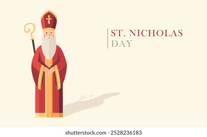 Happy Saint Nicholas day greeting card, invitation. Winter web banner with Sinterklaas, man with beard, mitre red coat. Beige background. Flat design vector illustration. Czech, Slovak Dutch tradition