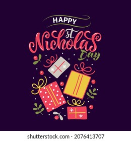 Happy Saint Nicholas Day handwritten text and gifting boxes. Modern brush calligraphy, hand lettering for winter holiday on December 6. Vector doodle illustration for print, poster, greeting card