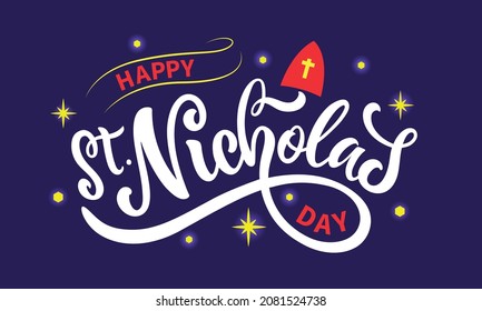 Happy Saint Nicholas Day handwritten text with mitre (traditional hat). Modern brush calligraphy, hand lettering for winter holiday on December 6. Vector illustration for print, poster, greeting card