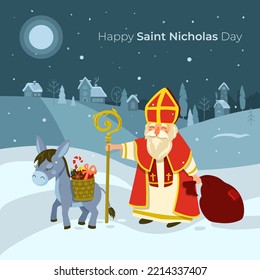 Happy Saint Nicholas Day. Saint Nicholas with his cute donkey brings gifts.