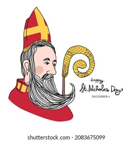 Happy Saint Nicholas Day line art vector illustration