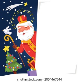 Happy Saint Nicholas day with right white side of board - winter scene greeting card or banner - purple night background.