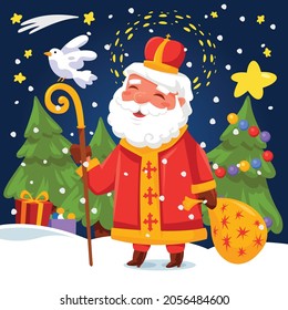 Happy Saint Nicholas day with right white side of board - winter scene greeting card or banner - purple night background.