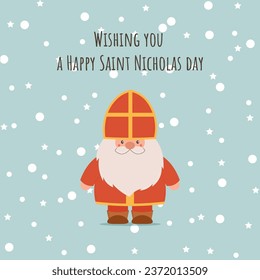 Happy Saint Nicholas Day. Sinterklaas Eve. Greeting Banner, card with cute character gnome and wishes. Winter holiday day. Vector flat illustration.