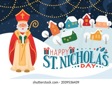 Happy Saint Nicholas Day. St.Nicolas holding gift in winter village, or city with hand drawn greeting lettering. 