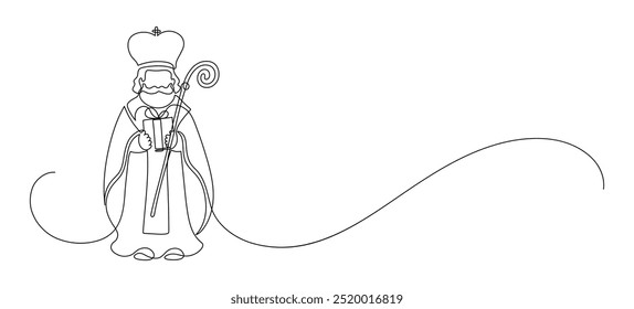 Happy Saint Nicholas Day. St.Nicolas holding gift. Continuous line drawing. Winter holiday.