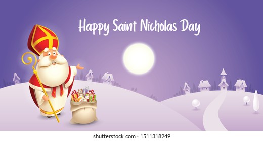 Happy Saint Nicholas day - winter scene greeting card or banner - purple night background