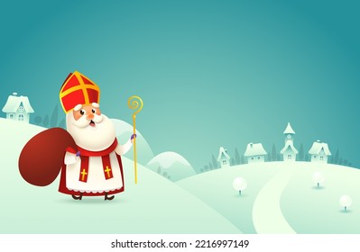 Happy Saint Nicholas day - winter scene greeting card or banner on turquoise background