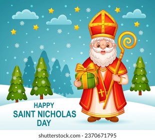 Happy Saint Nicholas holiday day, cute Sinterklaas cartoon character with children gift present box. St Nicholas Christian religion celebration. Christmas Santa old man. Winter greeting card. Vector