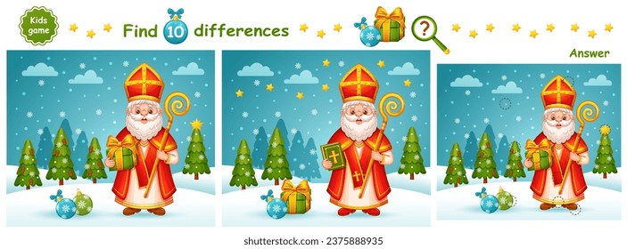 Happy Saint Nicholas holiday day, find 10 difference education children puzzle match game. Cute Christmas Sinterklaas character. St Nicolas winter celebration. Compare picture. Kid logical task vector