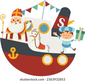 Feliz San Nicolás o Sinterklaas y amigos vienen a la ciudad en barco - ilustración vector aislada en fondo transparente