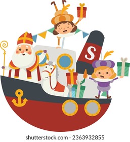 Feliz San Nicolás o Sinterklaas y amigos vienen a la ciudad en barco - ilustración vector aislada en fondo transparente