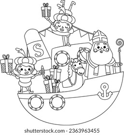 Happy Saint Nicholas or Sinterklaas and friends on steamboat colorbook template - vector illustration isolated on transparent background