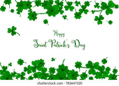 Happy Saint Partick's Day with falling shamrocks. St.Patricks vector card with clovers in green color. Vector illustration.