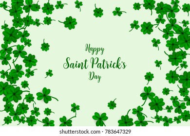 Happy Saint Partick's Day with falling shamrocks. St.Patricks vector card with clovers in green color. Vector illustration.