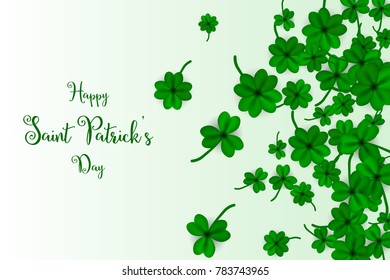 Happy Saint Partick's Day with falling shamrocks. St.Patricks vector card with clovers in green color. Vector illustration.