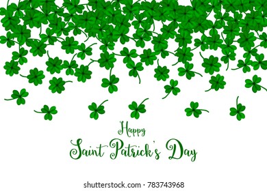 Happy Saint Partick's Day with falling shamrocks. St.Patricks vector card with clovers in green color. Vector illustration.