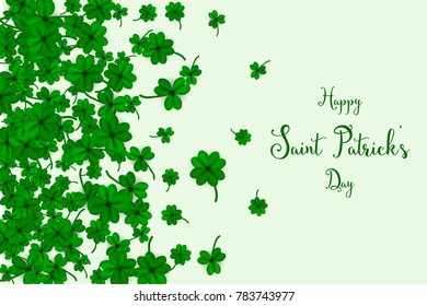 Happy Saint Partick's Day with falling shamrocks. St.Patricks vector card with clovers in green color. Vector illustration.