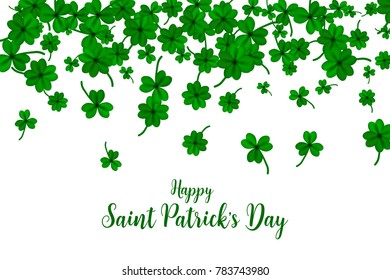 Happy Saint Partick's Day with falling shamrocks. St.Patricks vector card with clovers in green color. Vector illustration.