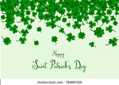 Happy Saint Partick's Day with falling shamrocks. St.Patricks vector card with clovers in green color. Vector illustration.