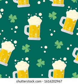 Happy Saint Patrick Day bear mug seamless pattern. Holiday background with clover.
