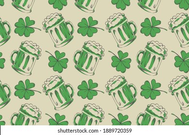 Happy Saint Patrick Day beer mug and luck clover seamless pattern. Holiday background vector