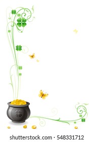 Happy Saint Patrick day border corner, isolated on white background. Pot of leprechaun gold, swirl element, butterfly. Traditional for Northern Ireland celtic holiday. Abstract template poster.