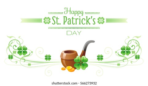 Happy Saint Patrick day border banner, isolated white background. Irish shamrock clover leaf frame, text lettering logo, tobacco pipe icon. Traditional Northern Ireland celtic patrick's day poster