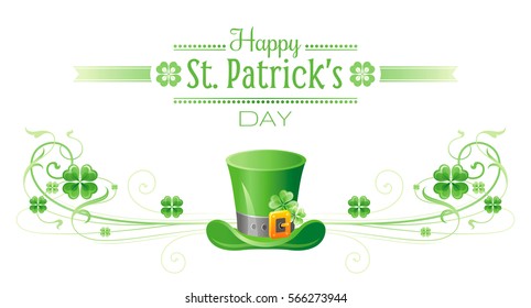 Feliz Día de San Patricio, aislado fondo blanco. Marco irlandés de hojas de trébol, letra de texto, icono de sombrero leprechaun. Tradicional feriado celta de Irlanda del Norte. Afiche del día de Patrick