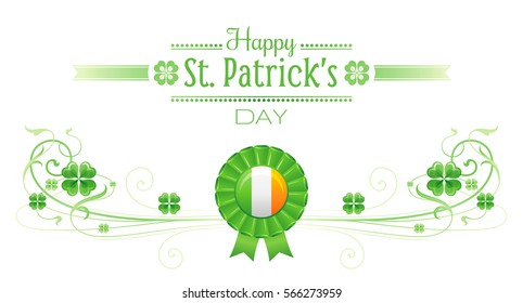 Happy Saint Patrick day border banner, isolated white background. Irish shamrock clover leaves frame, text lettering logo, flag prize icon. Traditional Northern Ireland celtic patrick's day poster