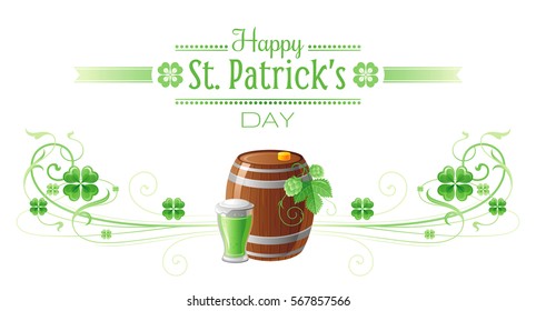 Happy Saint Patrick day border banner, isolated white background. Irish shamrock clover, green leaf frame, text lettering logo, icon. Traditional Northern Ireland celtic Patrick's poster