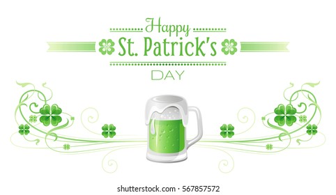Happy Saint Patrick day border banner, isolated white background. Irish shamrock clover, green leaf frame, text lettering logo, icon. Traditional Northern Ireland celtic Patrick's poster