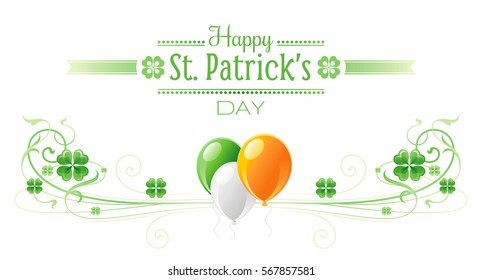 Happy Saint Patrick day border banner, isolated white background. Irish shamrock clover, green leaf frame, text lettering logo, flag balloon icon. Traditional Northern Ireland celtic Patrick's poster