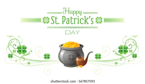 Happy Saint Patrick day border banner, isolated white background. Irish shamrock clover, green leaf frame, text lettering logo, gold pot pipe icon. Traditional Northern Ireland celtic Patrick's poster