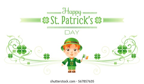 Happy Saint Patrick day border banner, isolated white background. Irish shamrock clover, green leaf frame, text lettering logo, baby boy icon. Traditional Northern Ireland celtic Patrick's poster