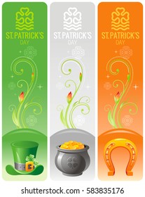 Happy Saint Patrick day border banner set background. Irish shamrock clover leaf, leprechaun hat, pot of gold, horseshoe text lettering logo icon. Northern Ireland flag color vector illustration
