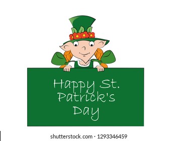 Happy Saint Patrick day card. Leprechaun girl. Vector illustration.