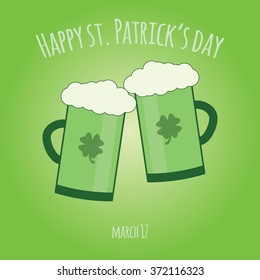 Happy Saint Patrick day card with glass of green Irish beer. Vector background