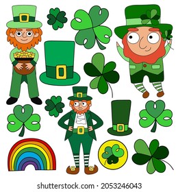Happy Saint Patrick Day cartoon set vector illustration. Funny hand-drawn leprechauns, clovers and more holiday elements isolated on white background. Perfect for sticker pack, postcard and more