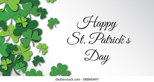 Happy Saint Patrick Day congratulation card with clover, shamrock. Art vector illustration.