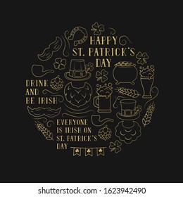 Happy Saint Patrick Day golden border. Irish holiday gold frame with lettering, clover, hat, horseshoe, leprechaun beard, beer.