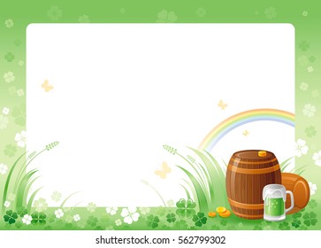 Happy Saint Patrick day. Green beer barrel border corner, isolated white background. Shamrock clover leaves frame, rainbow, grass. Traditional for Northern Ireland celtic holiday. Template poster