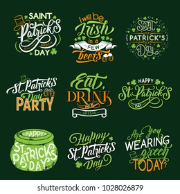 Happy Saint Patrick Day greeting lettering for irish holiday badge set. Green leaf of clover and shamrock, beer mug, leprechaun hat and pot of gold with ribbon banner for greeting card design