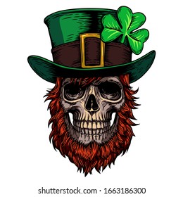 Feliz día de los santos.Vacaciones. Calavera de Leprechaun con sombrero, barba y hoja de trébol. Diseño para afiches, pantalones, portadas, emblemas, logotipos, signos, tatuajes. Ilustración del cráneo vectorial dibujada a mano.