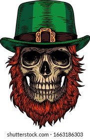 Happy saint patrick day. Holiday. Irish celtic Leprechaun skull with hat, beard and clover leaf. Design for poster, t-shirt, cover, emblem, logo, sign, tattoo. Hand draw vector skull illustration.