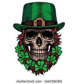 Happy saint patrick day. Holiday. Irish celtic Leprechaun skull with hat, beard and clover leaf. Design for poster, t-shirt, cover, emblem, logo, sign, tattoo. Hand draw vector skull illustration.